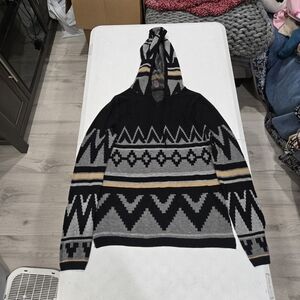 Hooked Up by IOT Black, Gray & Tan Geometric Hooded Zip Cardigan